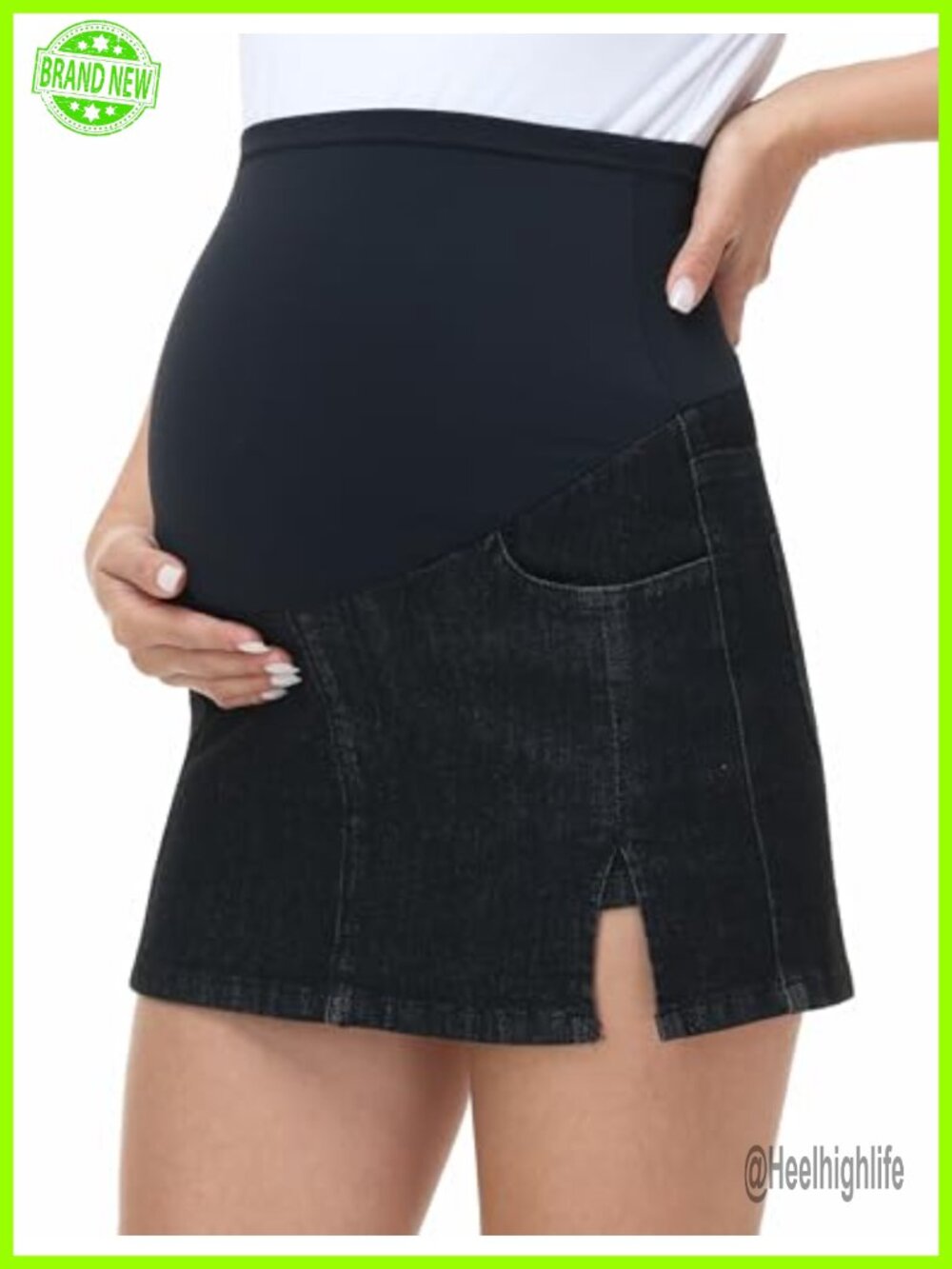 Maternity Stretchy Denim Jean Skirt Skort A-Line Side Slit Elastic Waistband
